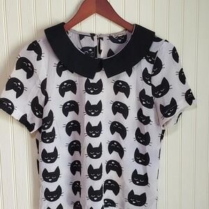 Lily White Blouse Juniors Small White Cat Peter Pan Collar Short Sleeve Top